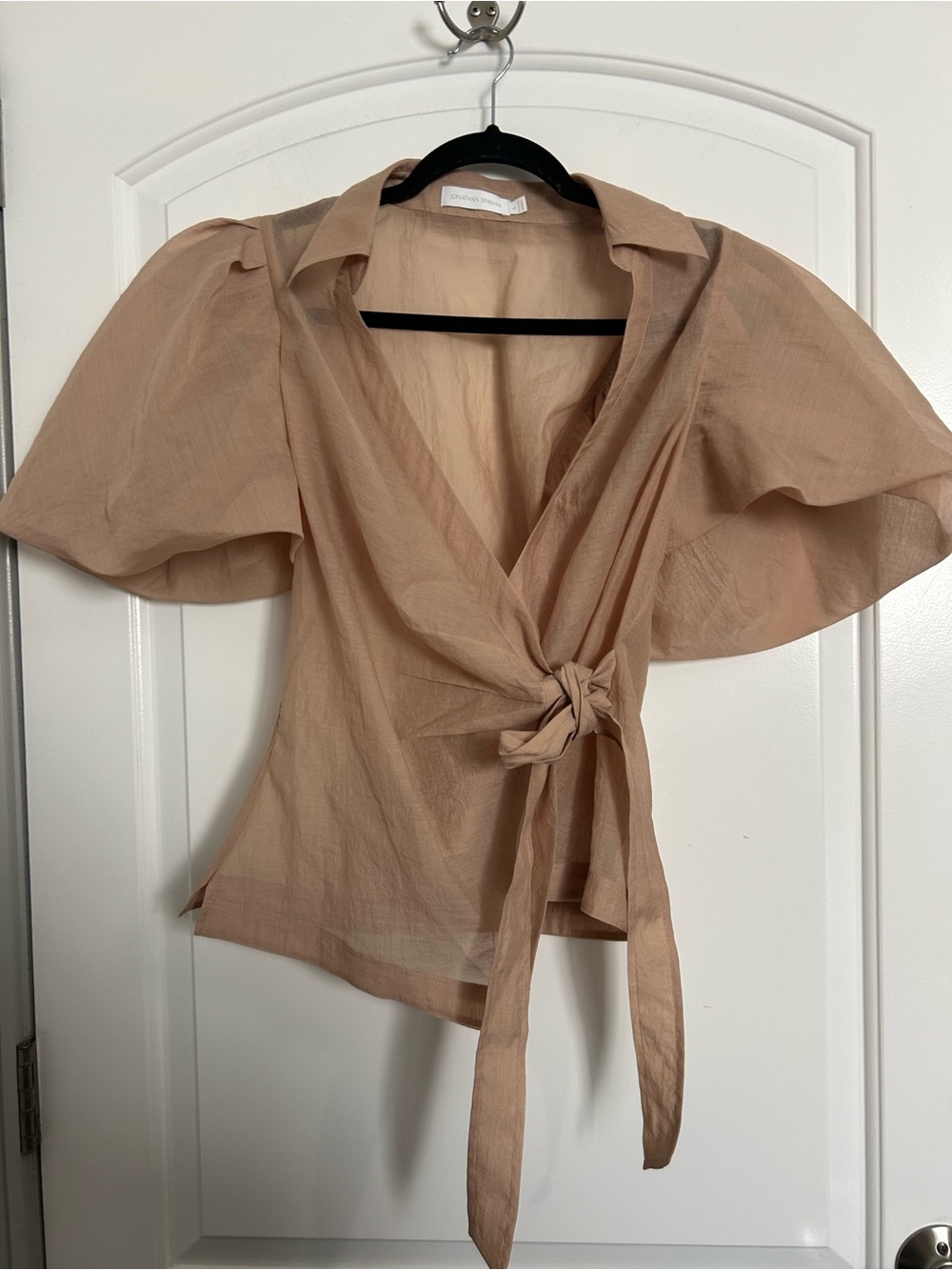 Jonathan Simkhai Waverly Puff Sleeve Wrap Blouse Size 6 Chic Quiet Luxury sheer